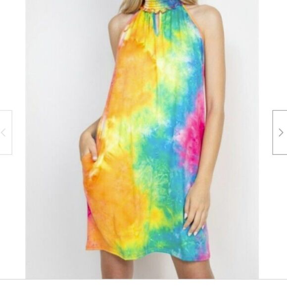 Small Dress by Perfect Peach Smocked Halter Neck Tie Dye Turquoise Blue Hot Pink - Picture 1 of 5